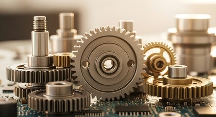 Mechanical Gears and Precision Components on Circuit Board Engineering, Technology, and Design