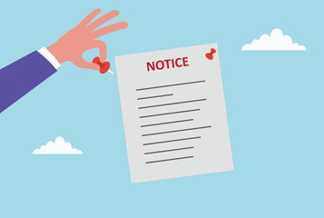 Vector illustration of a hand pinning a notice on a board, symbolizing announcement, important information, communication, updates, and official notification
