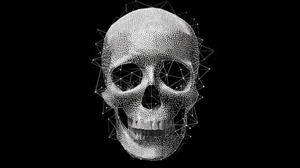 Skull rendered in dots and lines against black background, geometric representation