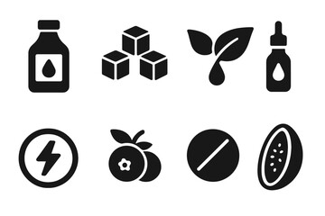Syrup Health Icons. Solid, filled icon set of syrup health and nutrition: calorie count, sugar cube, natural sweetener, artificial sweetener, energy boost,