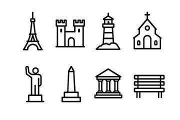 Obraz premium Outline Landmark Icons. Outline icon set of map landmarks: tower, castle, lighthouse, church, statue, monument, museum, park bench. Line icons in only black