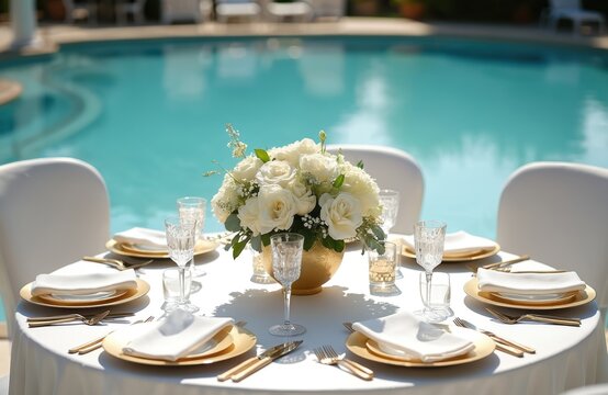 Poolside wedding reception table setting with white floral arrangement gold plates and glasses. Elegant outdoor banquet setup with chairs by blue water.
