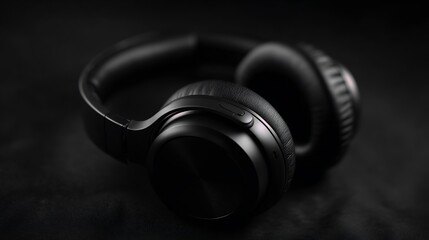 Sleek black headphones angled on a dark surface, showcasing design and detail