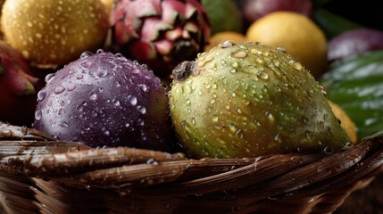 A close-up of various fruits, including purple dragon fruit and green pears in an old woven basket, covered with water droplets, against the background of other types of fresh fruits, stock photo.