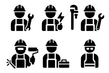 Repair Technician Icons. Solid, filled icon set of repair technicians: mechanic, electrician, plumber, carpenter, welder, painter, technician with toolbox,
