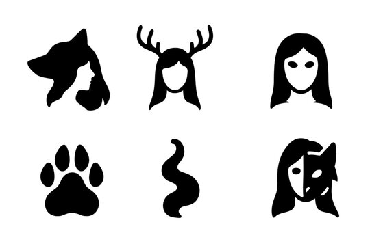 Shapeshifter Woman Icons. Solid, filled icon set of shapeshifter woman: wolf head, deer antlers, raven wings, glowing eyes, claw print, smoke trail, shifting