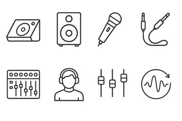 Fototapeta premium Audio-Visual Icon Set. Outline icon set of mixer live sound: stage monitor, PA speaker, wireless microphone, audio cable, mixing desk, sound