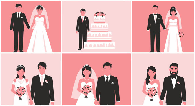 A Collection of Diverse Wedding Couple Illustrations Showcasing Various Marital Celebrations and Traditions