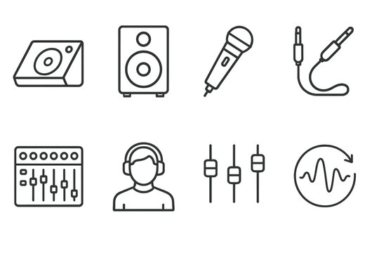 Audio-Visual Icon Set. Outline icon set of mixer live sound: stage monitor, PA speaker, wireless microphone, audio cable, mixing desk, sound