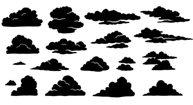 A collection of black silhouette clouds in various shapes and sizes, suitable for graphic design and illustration.