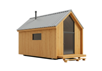 Modern wooden cabin isolated on transparent background, minimalist architecture with metal roof and chimney for sustainable living