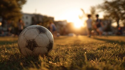 Soccer ball on grass, bathed in golden sunset light, children playing