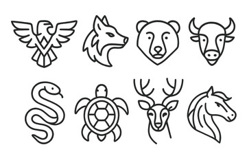 Fototapeta premium Tribal Animal Icons. Outline icon set of tribal animals: eagle, wolf, bear, buffalo, snake, turtle, deer, horse. Line icons in only black color, consistent