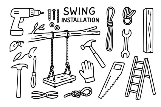 Swing Installation Doodle. Swing installation. Hand-drawn doodle illustration swing installation drill, bolts, rope, wooden seat, beam, wrench, ladder, gloves,