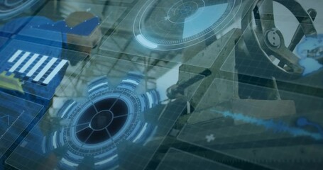 Male technician leaning in, activating hologram and monitoring rotating data in maintenance hangar - Powered by Adobe