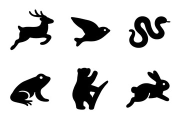 Fototapeta premium Wildlife Motion Icons. Solid, filled icon set of wildlife movement: running deer, flying bird, swimming fish, crawling snake, hopping frog, climbing bear,