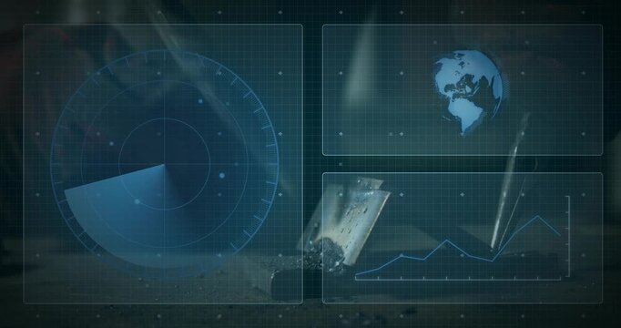 Radar sweep starting while globe rotating, line chart changing as trowel scooping soil for analysis