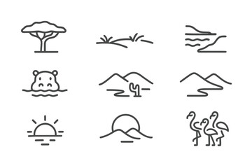 Tanzanian Nature Icons. Outline icon set of Tanzanian nature: Acacia tree, Savannah grassland, Baobab tree, Lake Tanganyika, River hippo, Desert landscape,