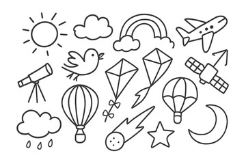 Obraz premium Daytime Sky Doodle Icons. Hand-drawn doodle illustration Daytime sky elements sun, cloud, rainbow, bird, airplane, kite, hot air balloon, telescope, satellite,