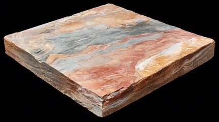 Square stone slab with colorful, layered patterns. Angled shot