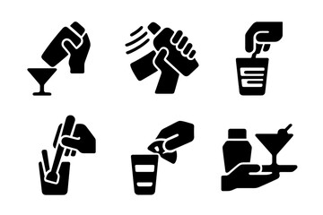 Bartending Skills Icons. Solid, filled icon set of shaker bartending skills: flair pouring, speed shaking, stirring, layering drink, muddling, garnishing,