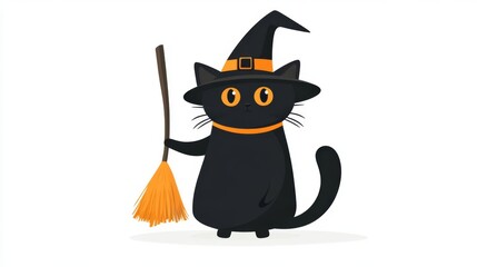 A whimsical black cat wearing a witch hat, holding a broomstick, perfect for Halloween themes and festive designs.