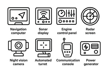 Gunboat Tech Icons. Outline icon set of gunboat onboard technology: navigation computer, sonar display, engine control panel, radar screen, night vision