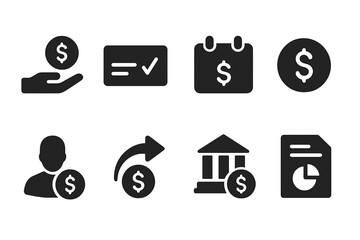 Fototapeta premium Equity Dividends Icons. Solid, filled icon set of equity dividends: cash payout, check icon, calendar payment, dollar sign, shareholder, investment return,