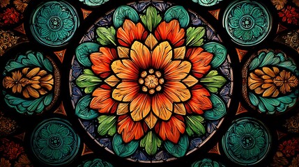 Stained glass window with vibrant, colorful floral designs