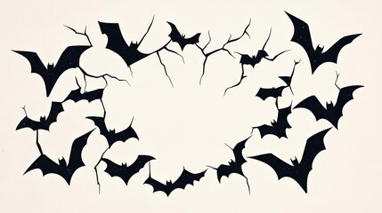 Fototapeta premium A haunting silhouette of bats flying through a cracked wall, perfect for Halloween or spooky themes.