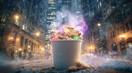 Steaming cup of festive dessert in a snowy city street. Decorated with lights