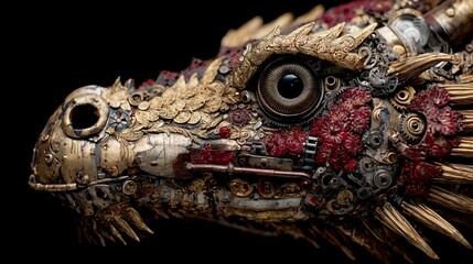 Steampunk dragon sculpture, head profile. Metallic gears, gold & red accents. Eye detail