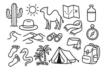 Fototapeta premium Desert Adventure Icons. Hand-drawn doodle illustration desert adventure cactus, sun, camel, map, water bottle, compass, hat, sand dune, binoculars, scarf,