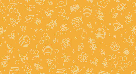 A Whimsical Yellow Background Featuring Delightful Illustrations of Bees Honeycombs Flowers and Leaves Creating a Sweet and Natural Aesthetic