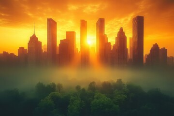 Golden sunset illuminating a city skyline with towering buildings against a foggy landscape