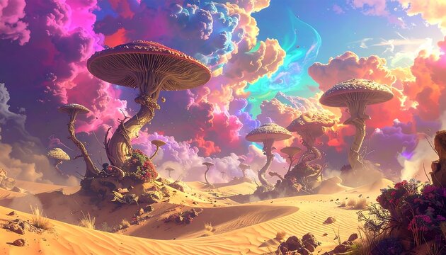 Colorful mushroom-like trees in a desert landscape under vibrant clouds