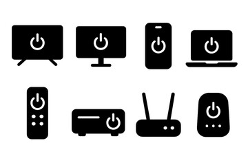 Standby Device Icons. Solid, filled icon set of standby devices: television, computer monitor, smartphone, laptop, remote control, game console, router, smart