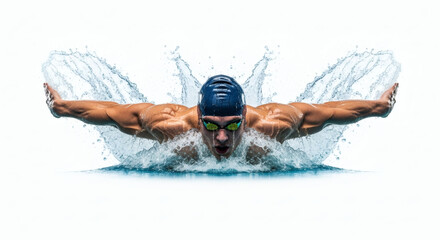 A swimmer during the butterfly stroke, water droplets splashing in a dramatic freeze-frame, powerful arm extension, isolated on a white background, capturing the essence of aquatic athleticism