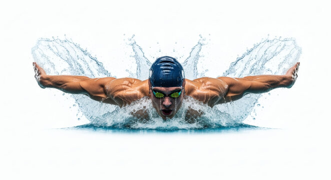 A swimmer during the butterfly stroke, water droplets splashing in a dramatic freeze-frame, powerful arm extension, isolated on a white background, capturing the essence of aquatic athleticism
