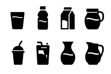 Juice Container Icons. Solid, filled icon set of juice containers: glass cup, plastic bottle, juice carton, mason jar, takeaway cup with straw, juice pouch,