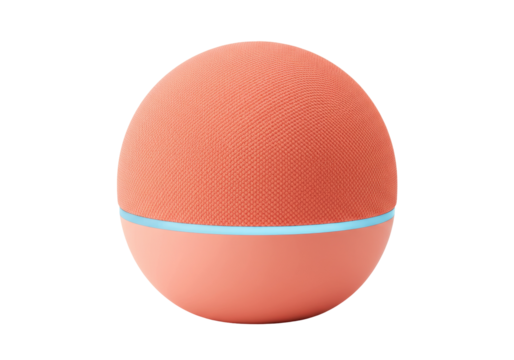 Coral spherical speaker isolated PNG, modern audio device for home entertainment and wireless music streaming