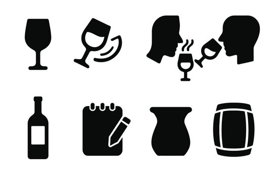 Wine Tasting Icons. Solid, filled icon set of wine tasting: wine glass, swirl glass, sniffing aroma, tasting sip, wine bottle, tasting notes, spittoon, wine