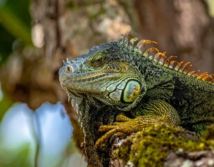 Close Up of a Green Iguana on a Branch.