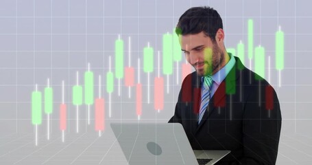 Businessman holding laptop and tilting it causing scrolling candlestick charts for analysis smiling - Powered by Adobe