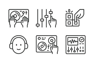 Obraz premium DJ Mixer Icons. Outline icon set of mixer performance: DJ hands, volume adjustment, effect triggering, crossfader movement, headphone monitoring, live mixing,