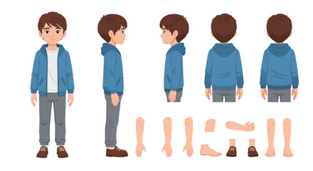 Obraz premium A Young Boy Character Model Sheet with Front Side and Back Views and Separate Body Parts for Animation Purposes