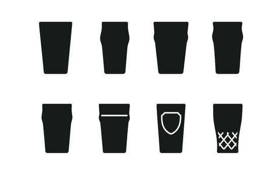 Pint Glass Icon Set. Solid, filled icon set of pint glass designs: straight pint, tulip pint, shaker pint, nonic pint, curved pint, plastic pint, souvenir