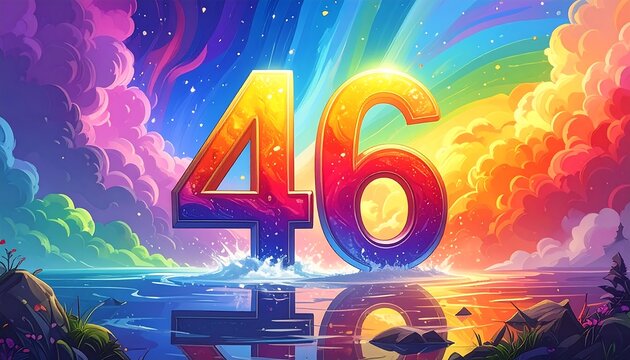 Colorful number 46 reflected on a wavy sea, surrounded by vibrant clouds and a rainbow - Powered by Adobe