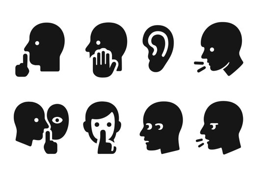 Whisper Gesture Icons. Solid, filled icon set of whisper gestures: finger on lips, hand covering mouth, ear close-up, head tilt, eye contact, secret sign, side