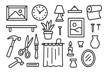 Obraz premium Decorative Elements Doodle. Hand-drawn doodle illustration wall decoration picture frame, clock, lamp, shelf, plant, painting, wallpaper roll, nail, hammer,